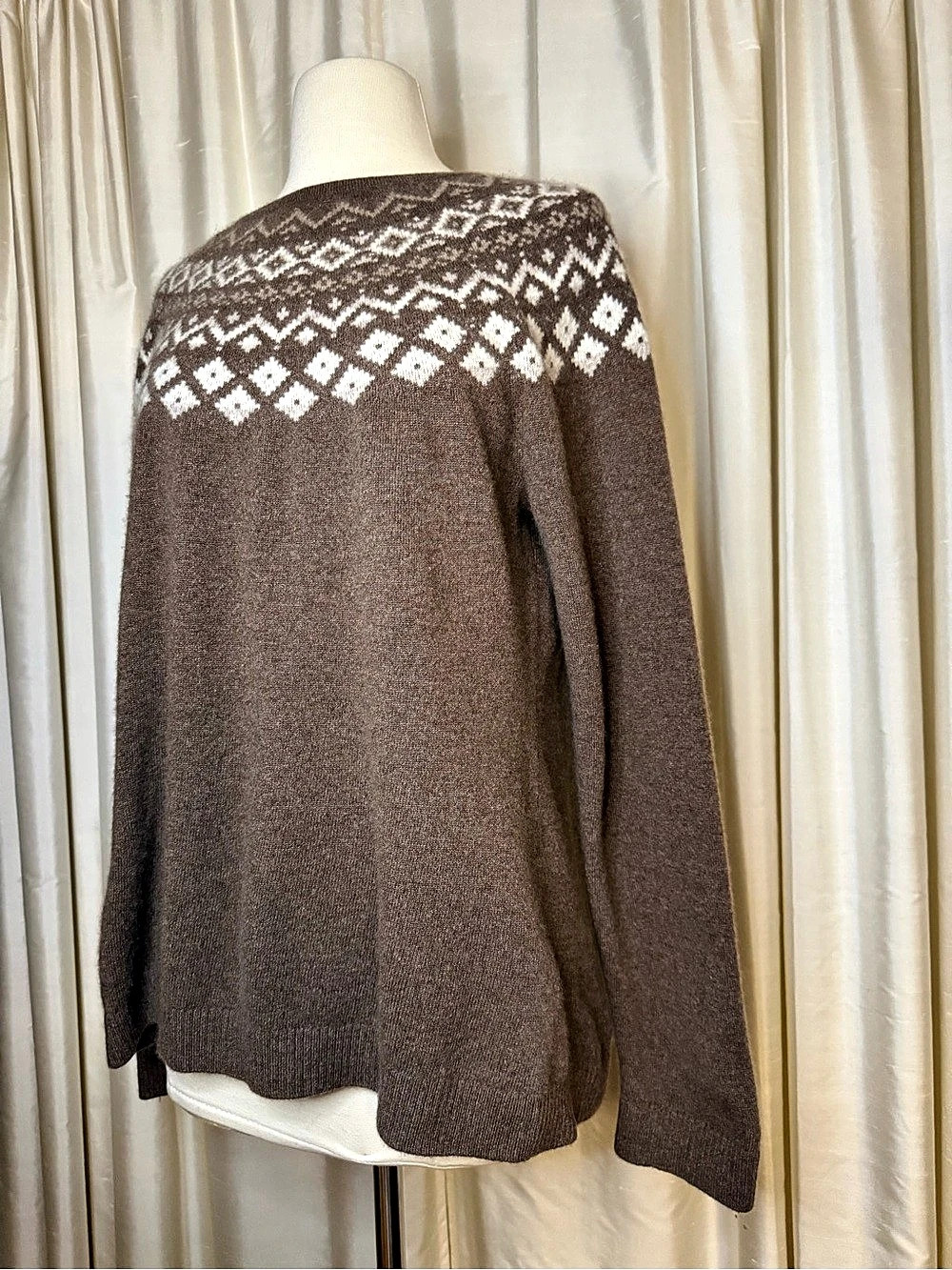 L.L.Bean 100% Cashmere Fair Isle Sweater Women’s XL Brown Ivory Nordic Après Ski - Picture 4 of 9